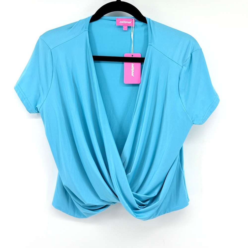 Edikted Top Surplice Knot Front XL Blue Women Short Sleeve V Neck Casual